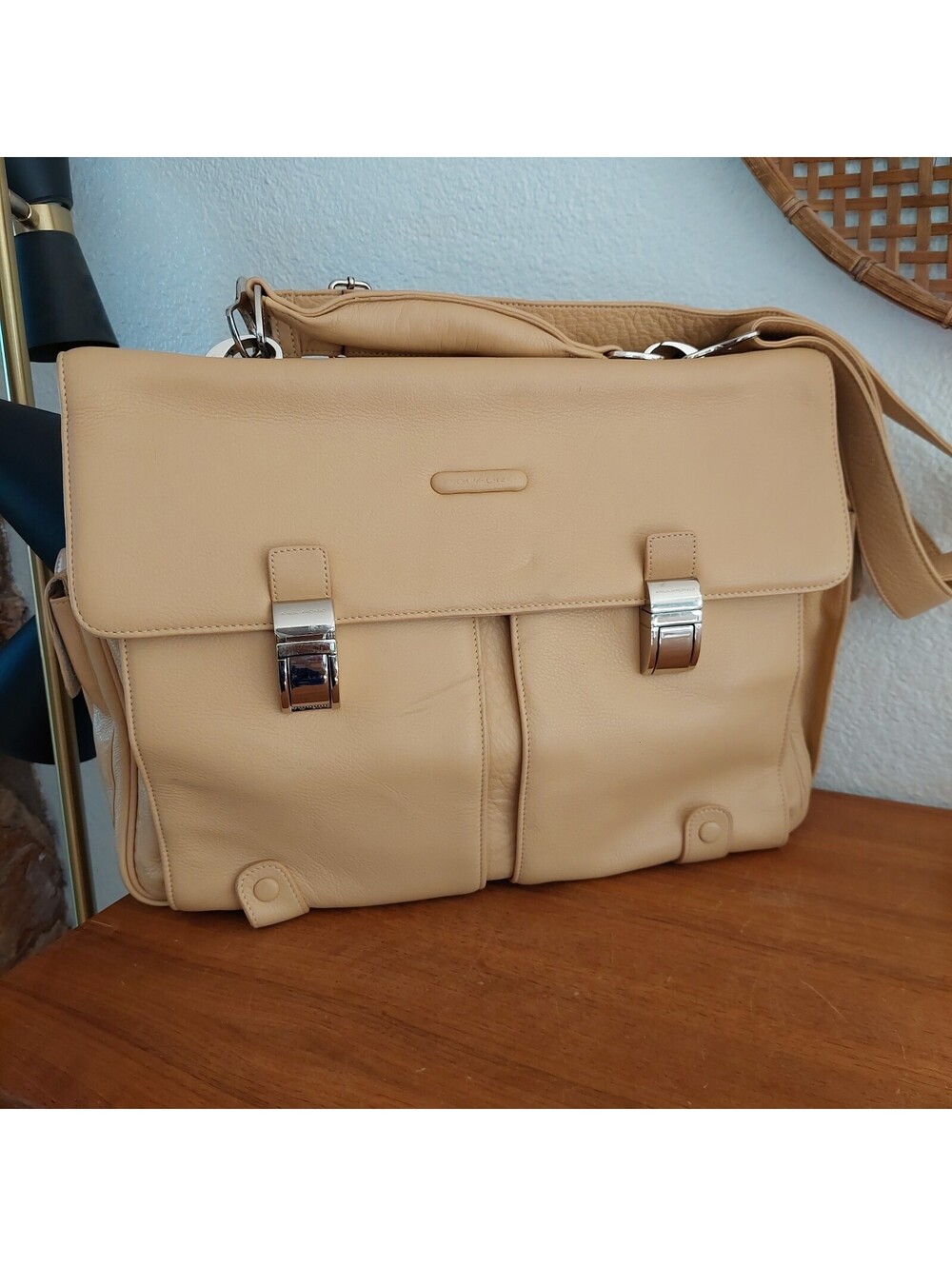 Piquadro Italy Tan Beige Leather Laptop Briefcase Messenger Bag Business